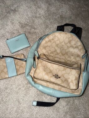 Coach Beige Signature Canvas Backpack with Blue Trim and Wallets